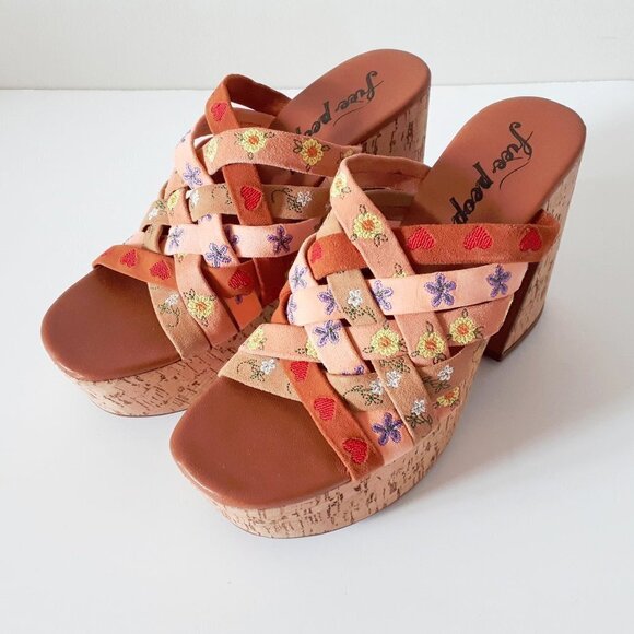 NWOT Free People leather suede floral embroidered strap cork platform mules - Picture 8 of 12